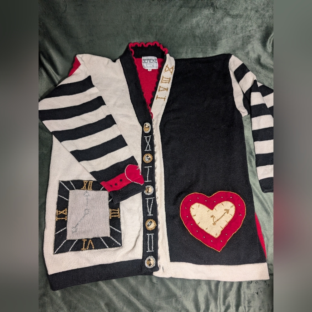 Vintage Berek2 button up knit Cardigan Sweater Clock Heart Stripe sleeves XL